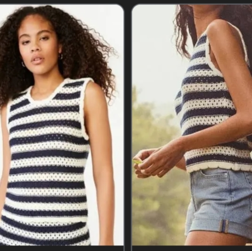 Free Assembly Striped Knit Crochet Tank Top - Navy & White